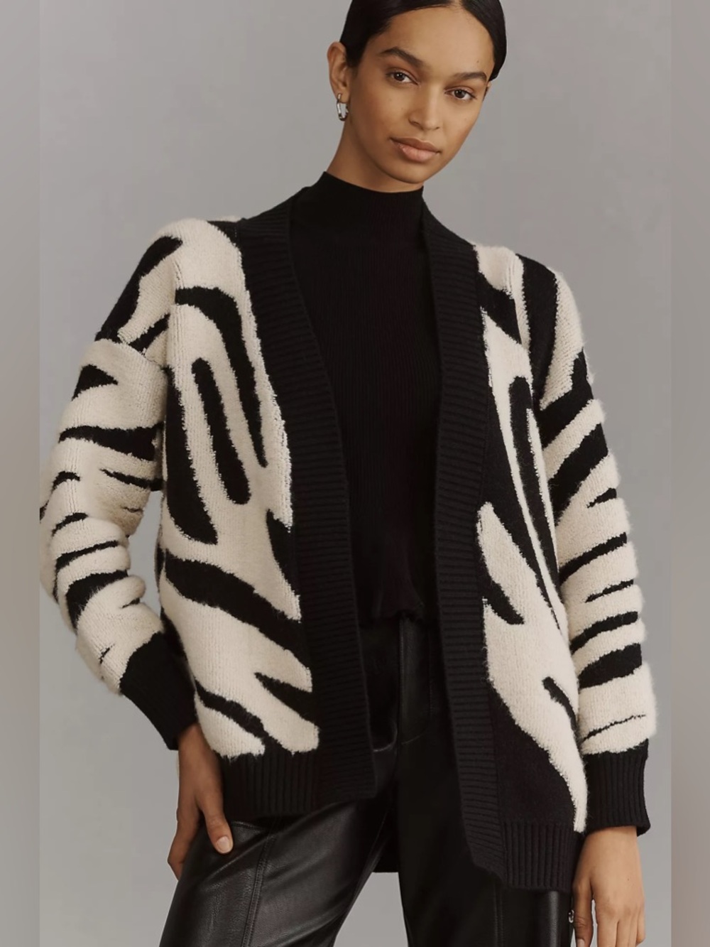 By Anthropologie Textured Knit Open Cardigan Black White Zebra One Size